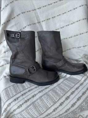 Frye Women’s Grey Leather Engineer  Ankle Boots